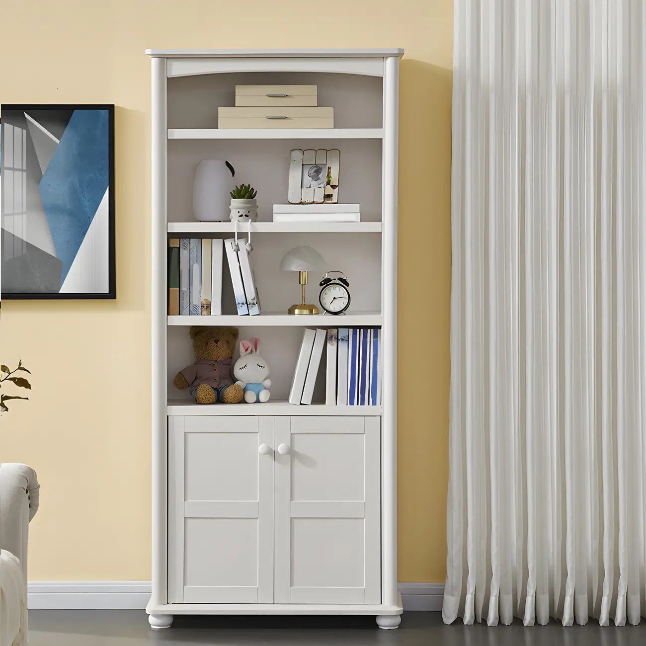 Modern White Wood Bookcase with Storage for Home Office