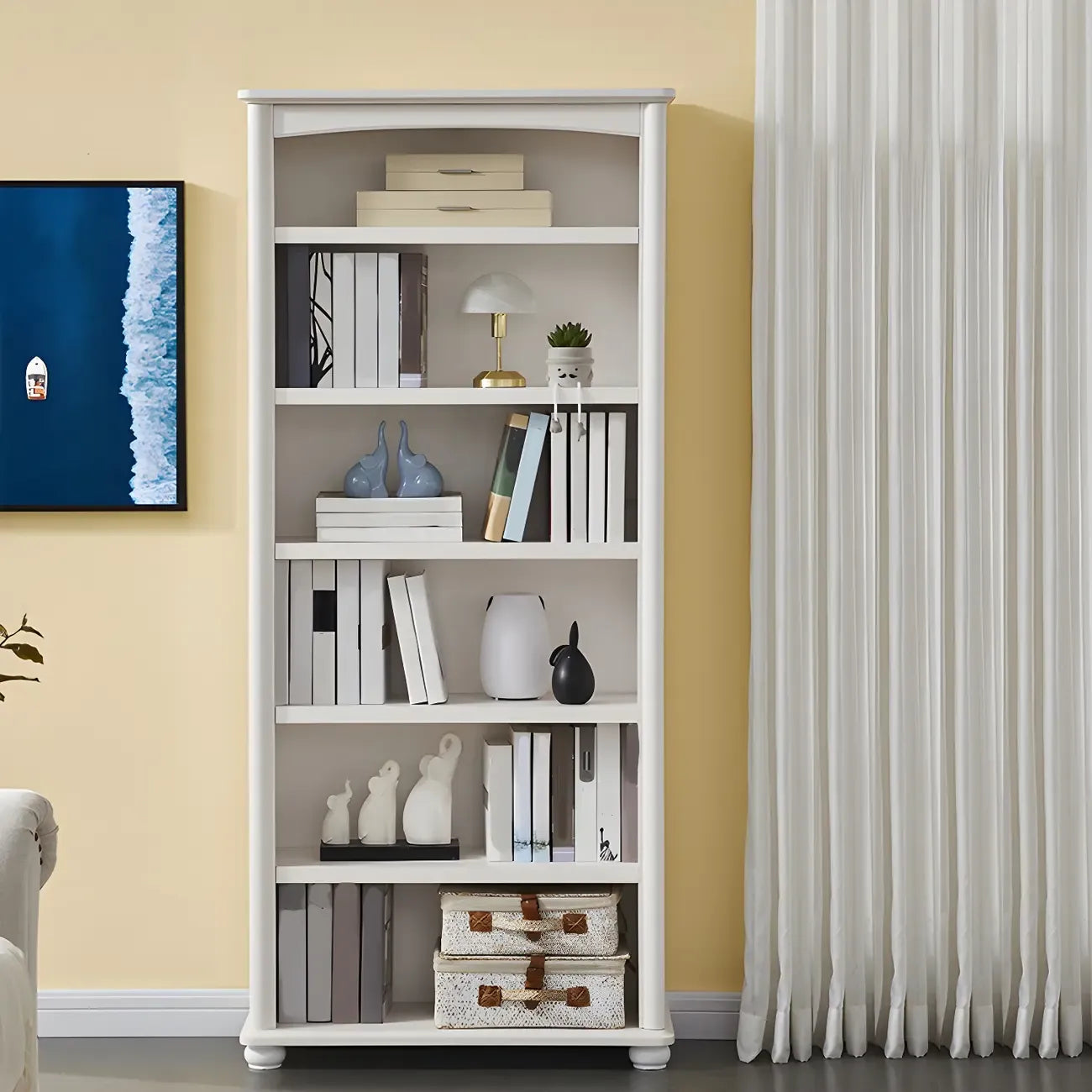 Modern White Wood Bookcase with Storage for Home Office
