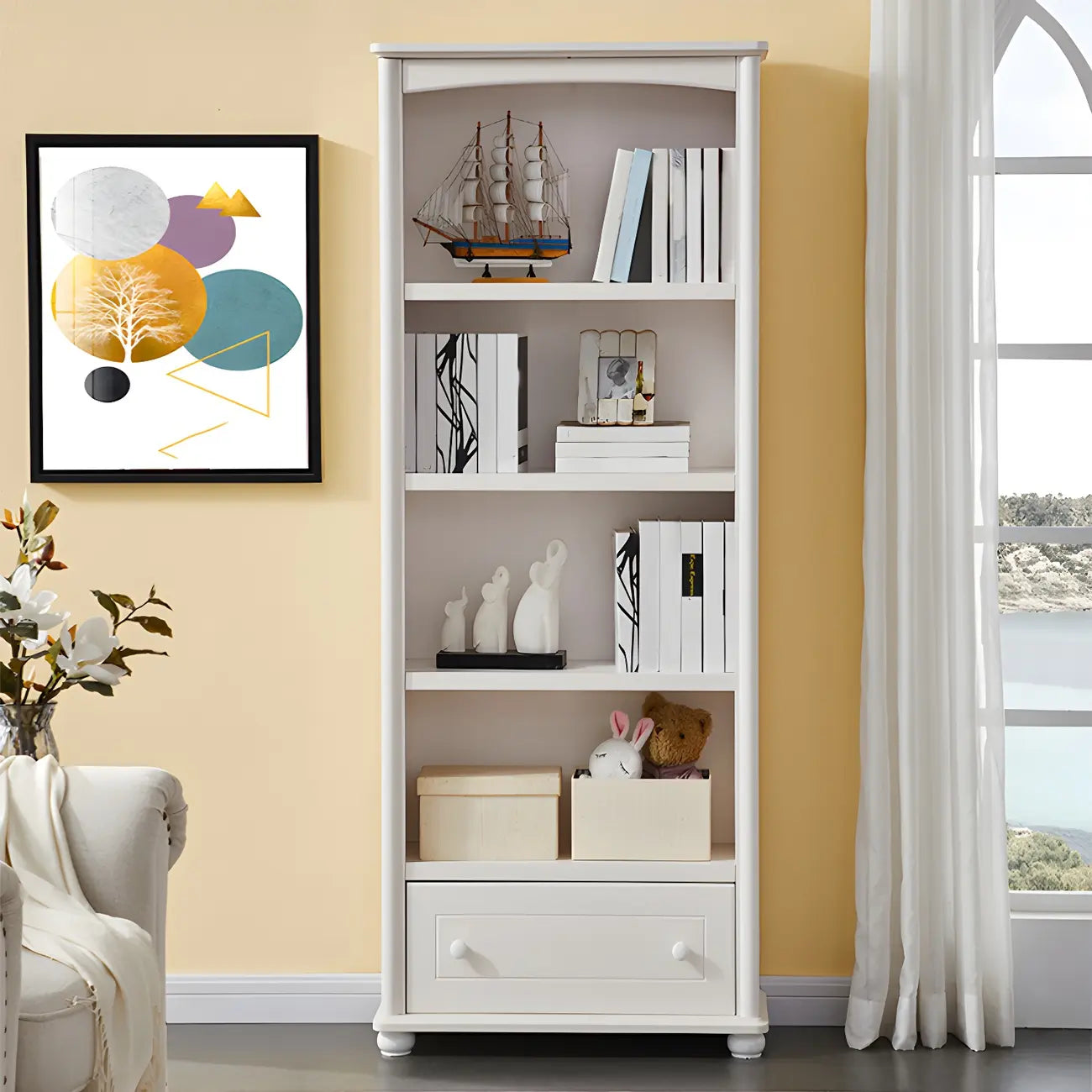 Modern White Wood Bookcase with Storage for Home Office