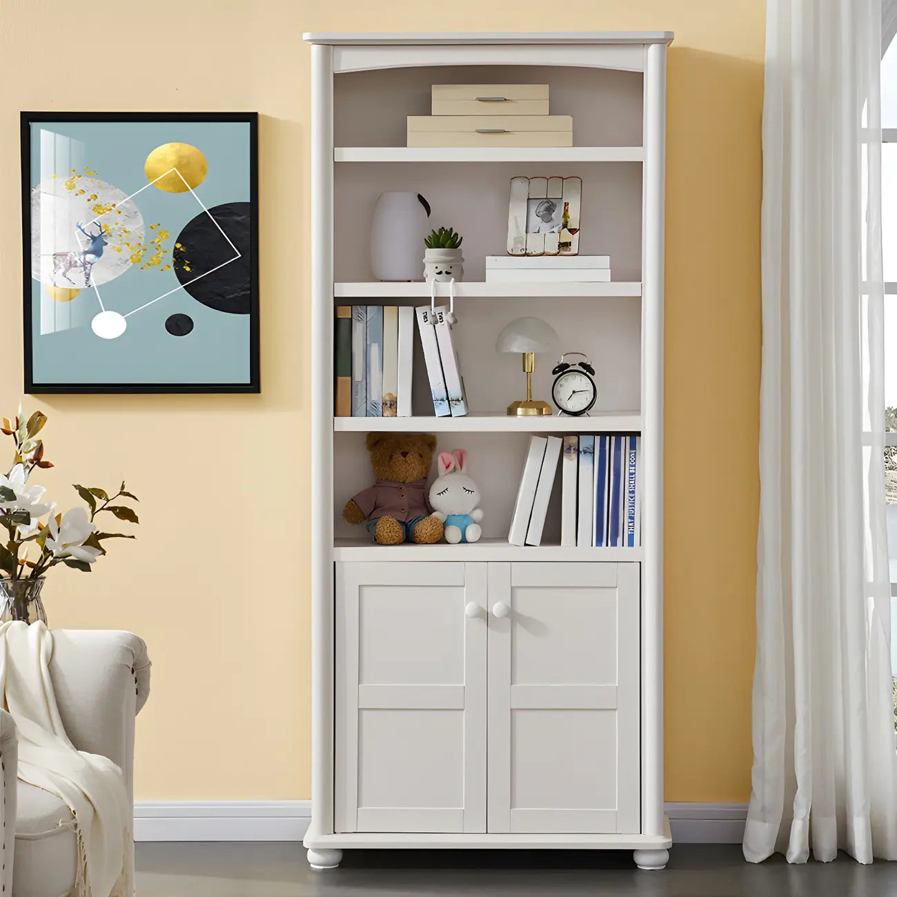 Modern White Wood Bookcase with Storage for Home Office