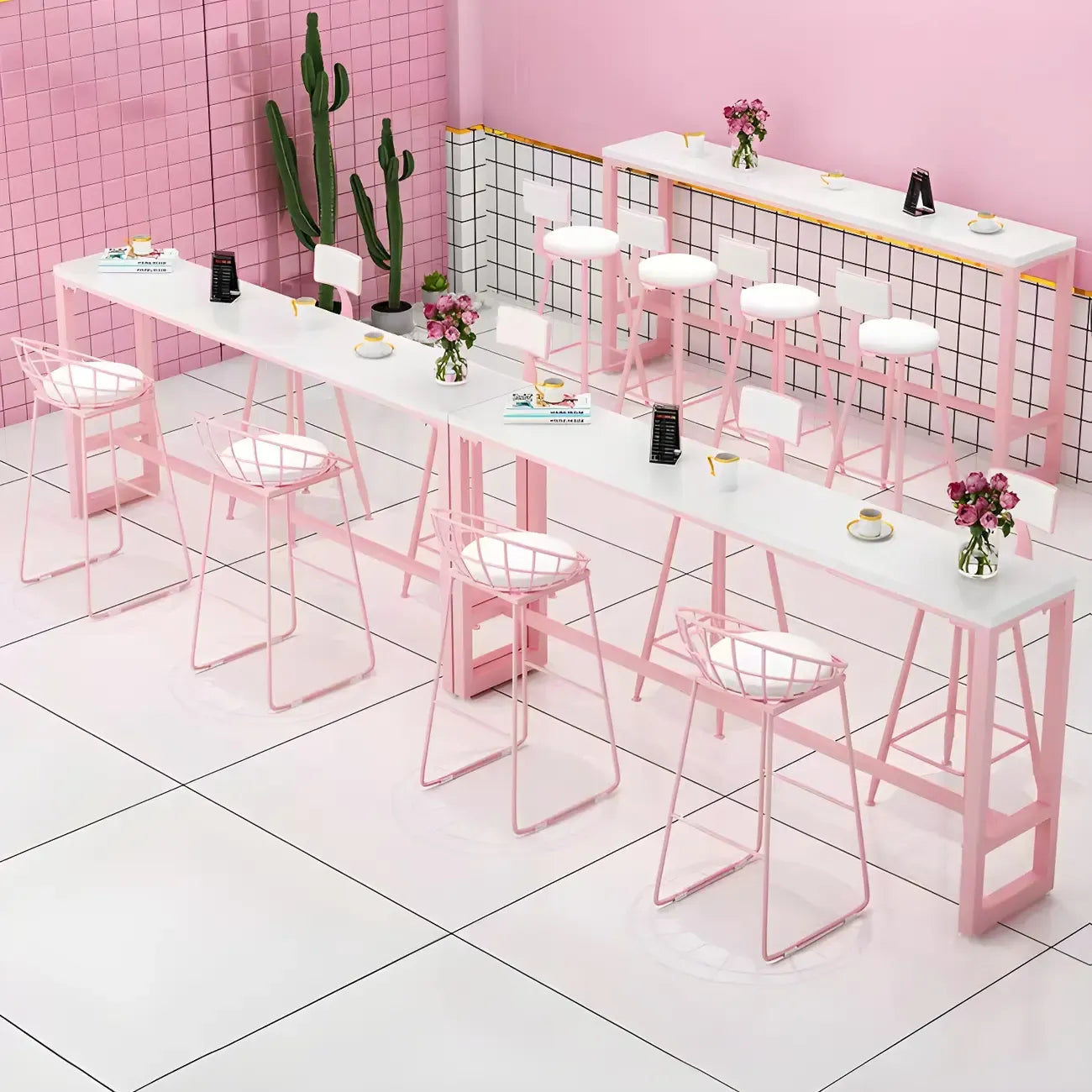 Glam Pink Rectangle Marble Long Bar Table
