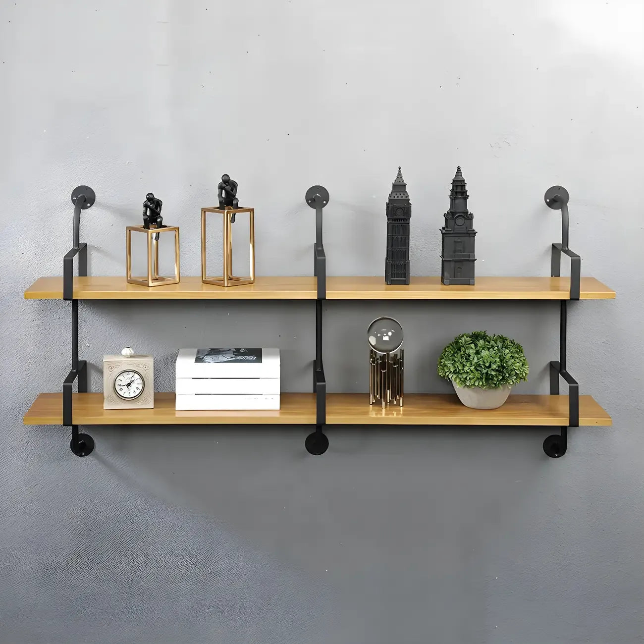 Simple 2-Tier Wood Metal Wall-Mounted Bookcase