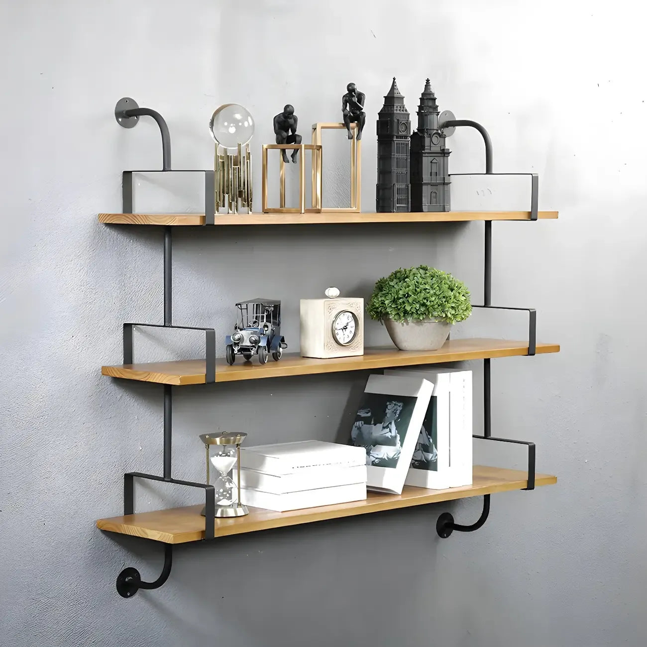 Simple 2-Tier Wood Metal Wall-Mounted Bookcase