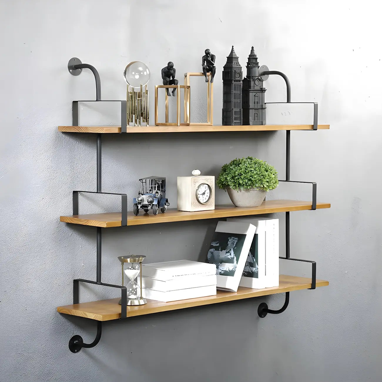 Simple 2-Tier Wood Metal Wall-Mounted Bookcase