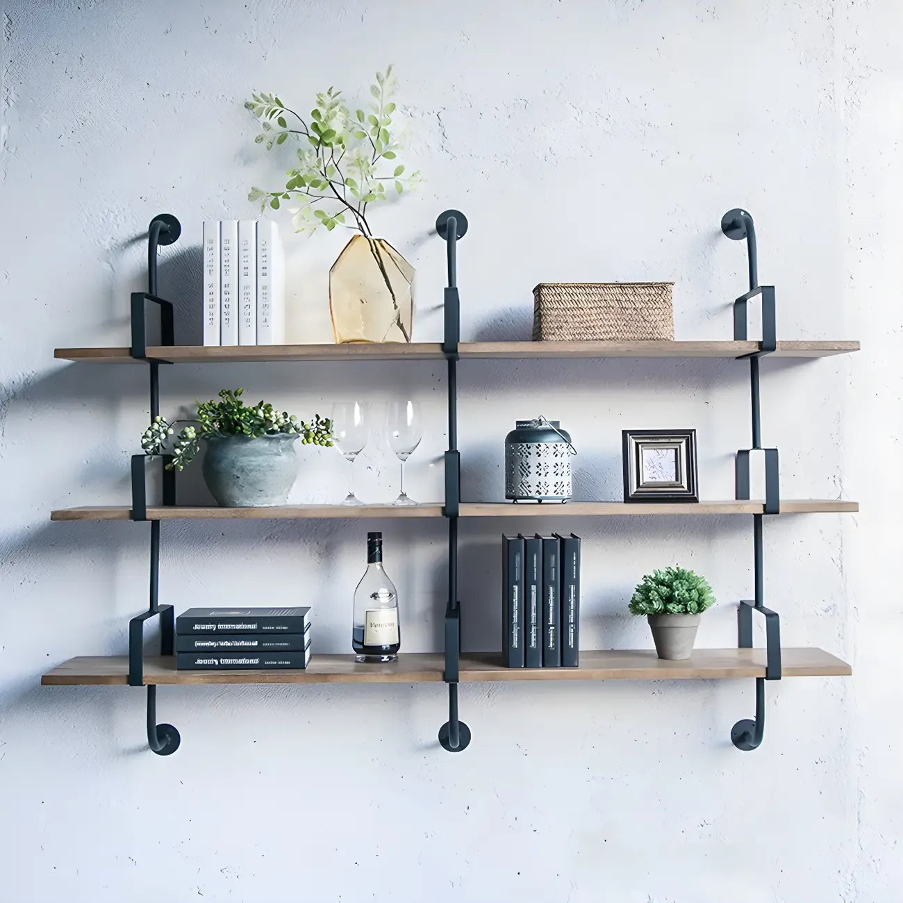 Simple 2-Tier Wood Metal Wall-Mounted Bookcase