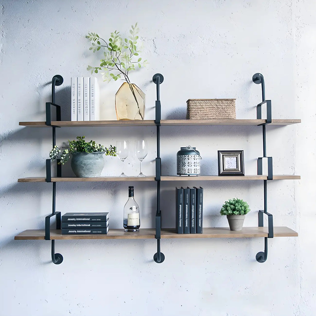 Simple 2-Tier Wood Metal Wall-Mounted Bookcase