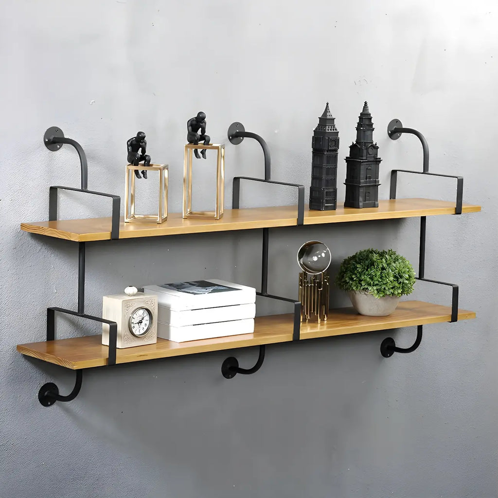 Simple 2-Tier Wood Metal Wall-Mounted Bookcase