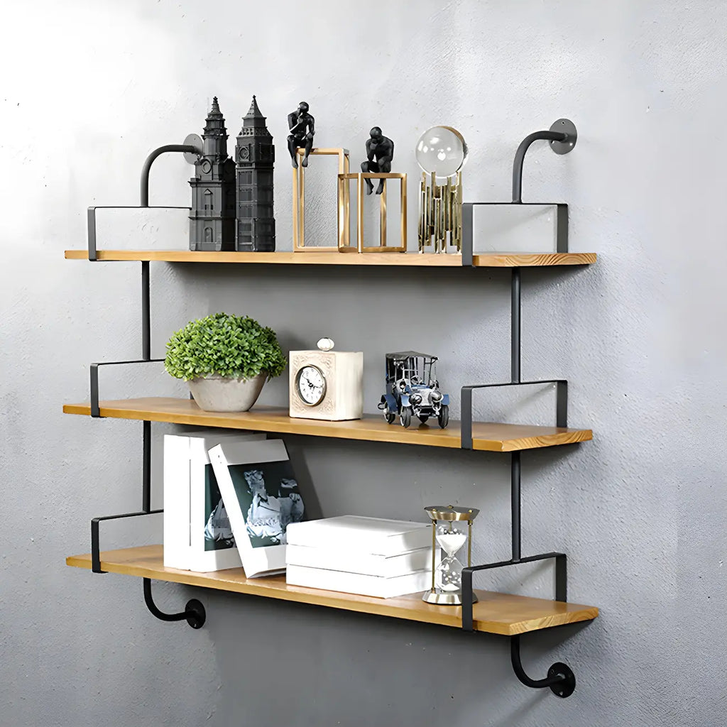 Simple 2-Tier Wood Metal Wall-Mounted Bookcase