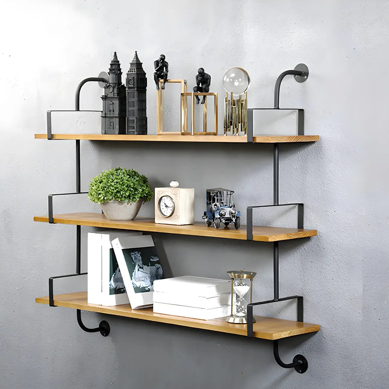 Simple 2-Tier Wood Metal Wall-Mounted Bookcase
