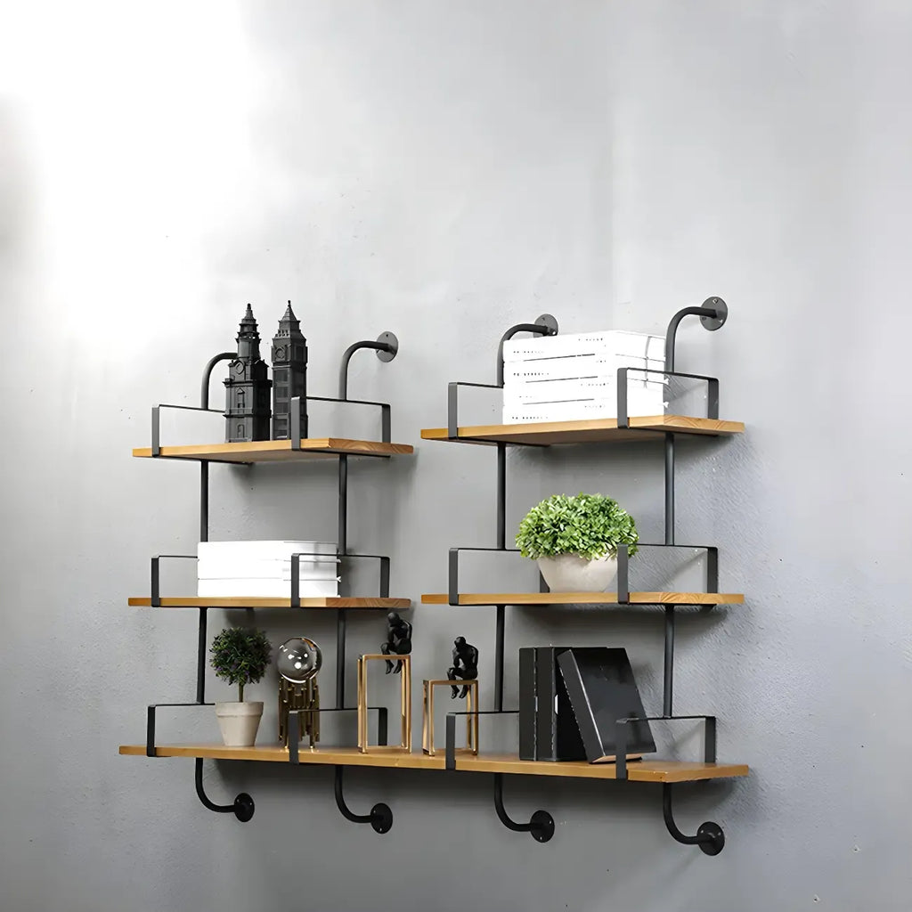 Simple 2-Tier Wood Metal Wall-Mounted Bookcase