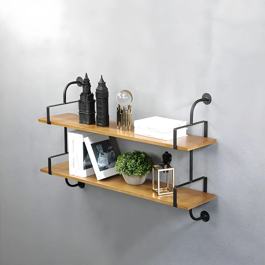 Simple 2-Tier Wood Metal Wall-Mounted Bookcase