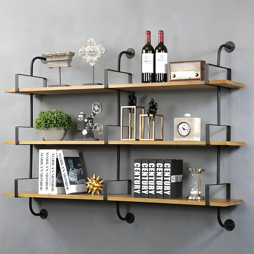 Simple 2-Tier Wood Metal Wall-Mounted Bookcase