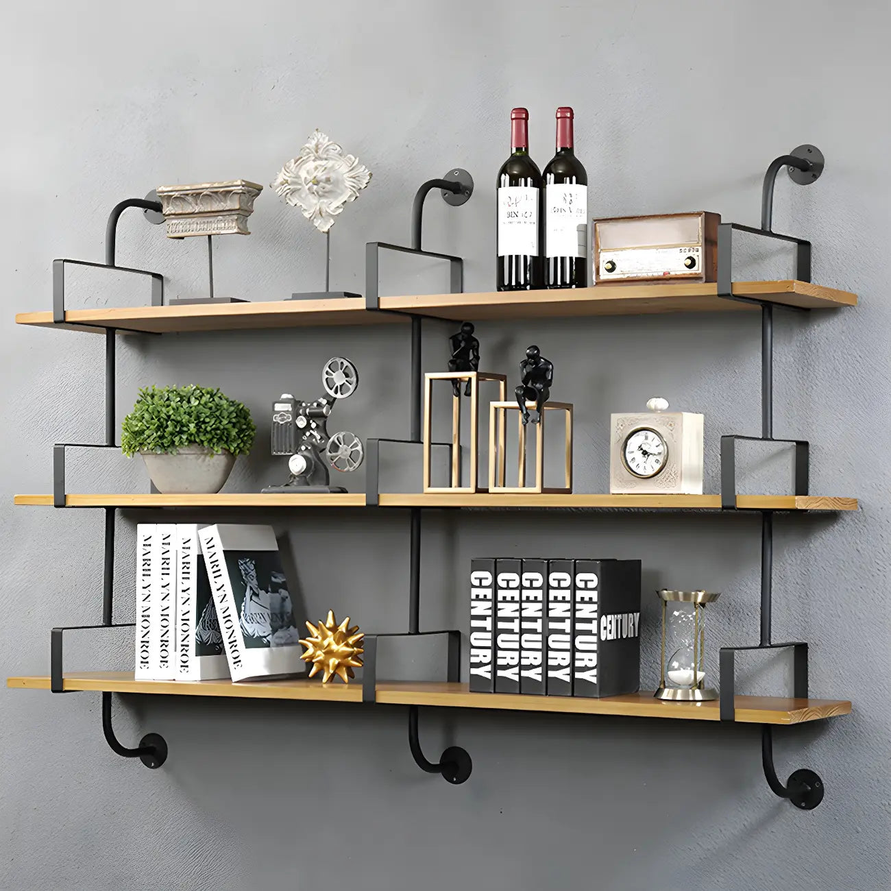 Simple 2-Tier Wood Metal Wall-Mounted Bookcase