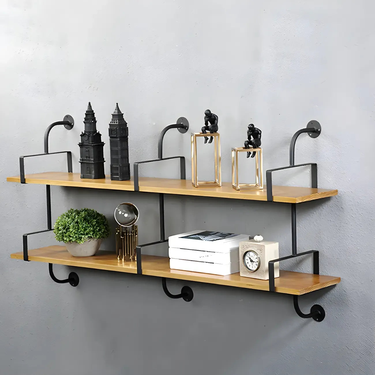 Simple 2-Tier Wood Metal Wall-Mounted Bookcase