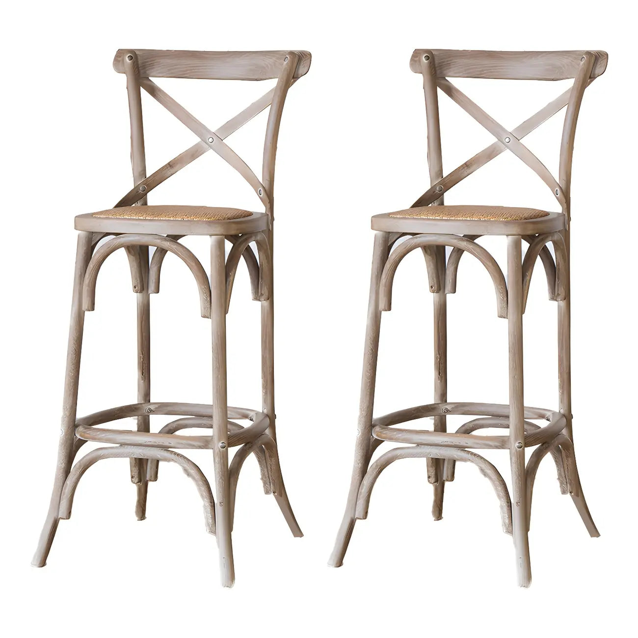 Rustic Solid Wood Wicker Cross Back Bar Stool in Brown/ Grey
