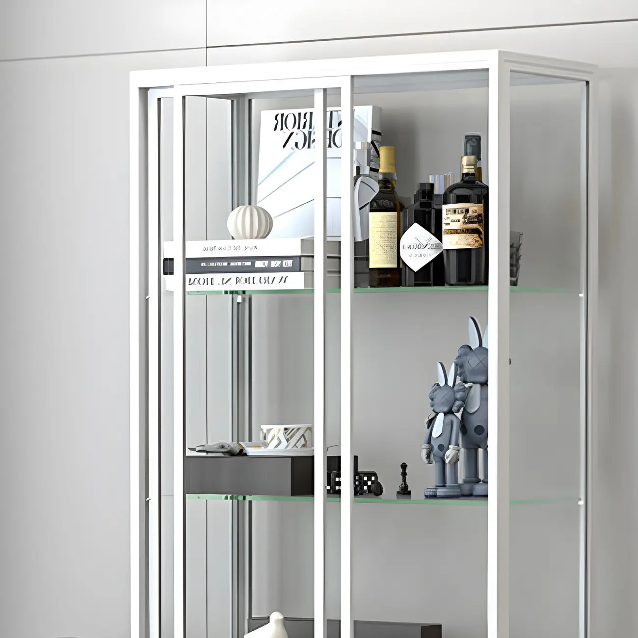Black Metal Frame Glass Shelves Curio Cabinet