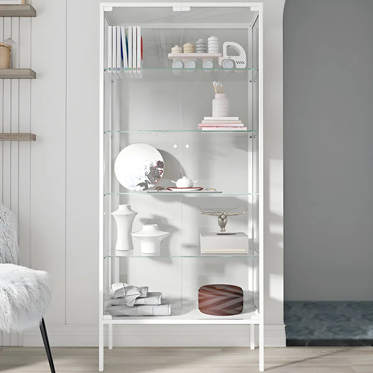 Black Metal Frame Glass Shelves Curio Cabinet
