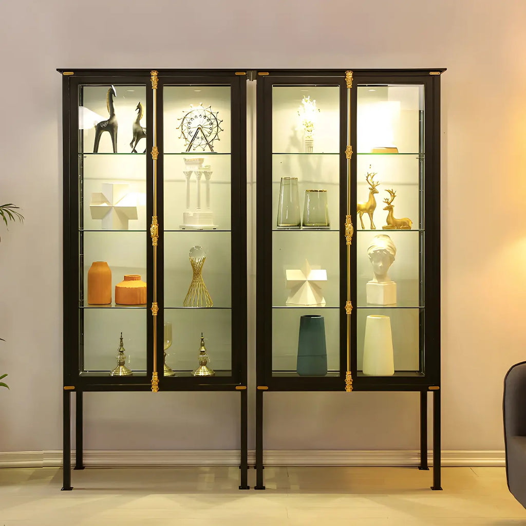Black Metal Glass Shelves Display Cabinet with Lights