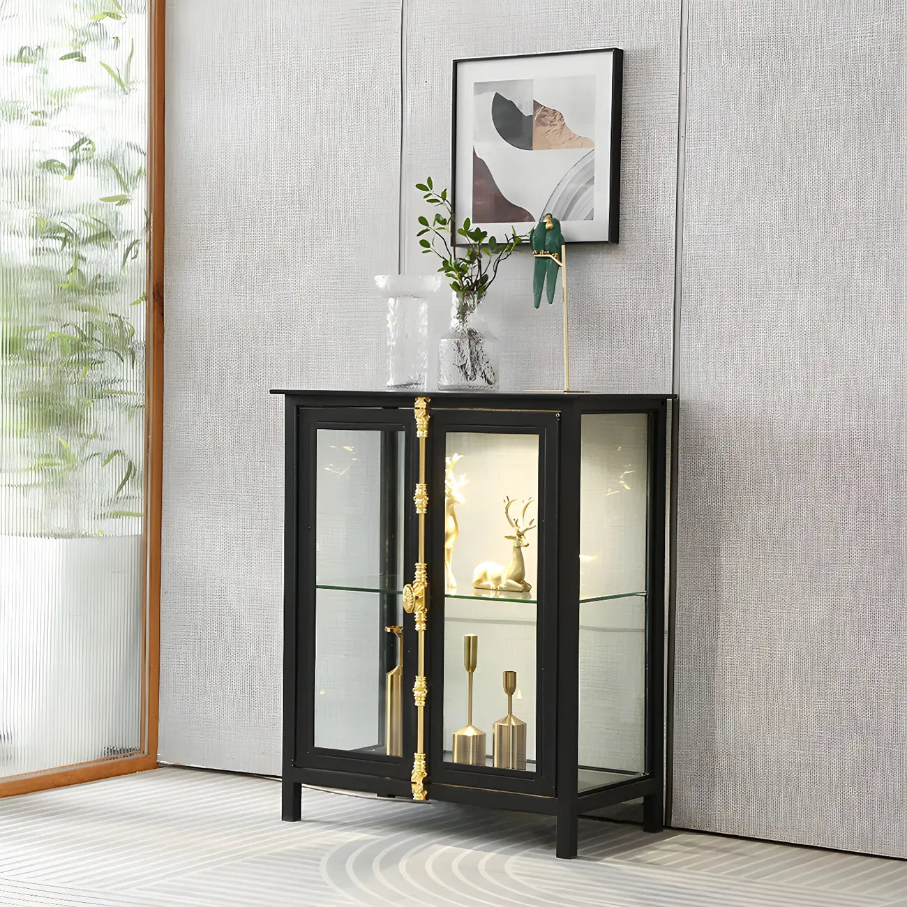 Black Metal Glass Shelves Display Cabinet with Lights