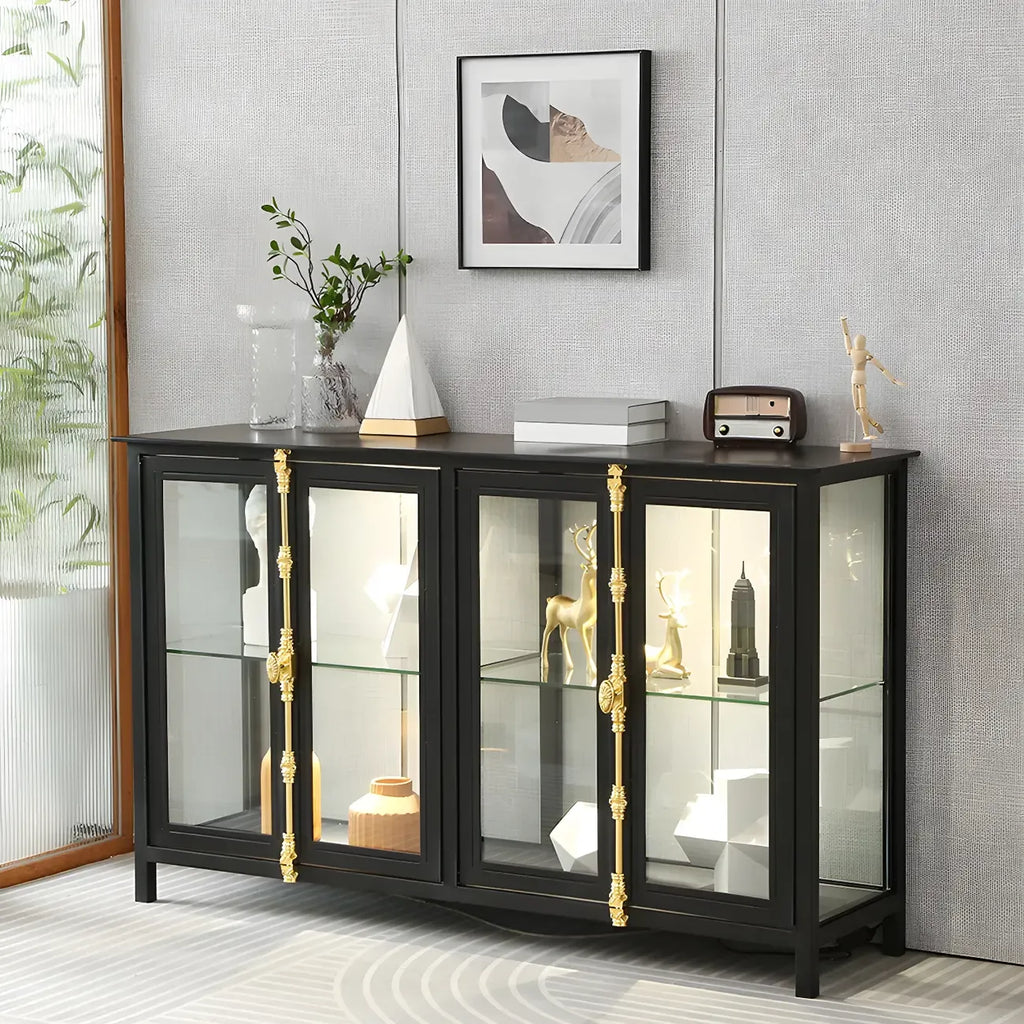 Black Metal Glass Shelves Display Cabinet with Lights