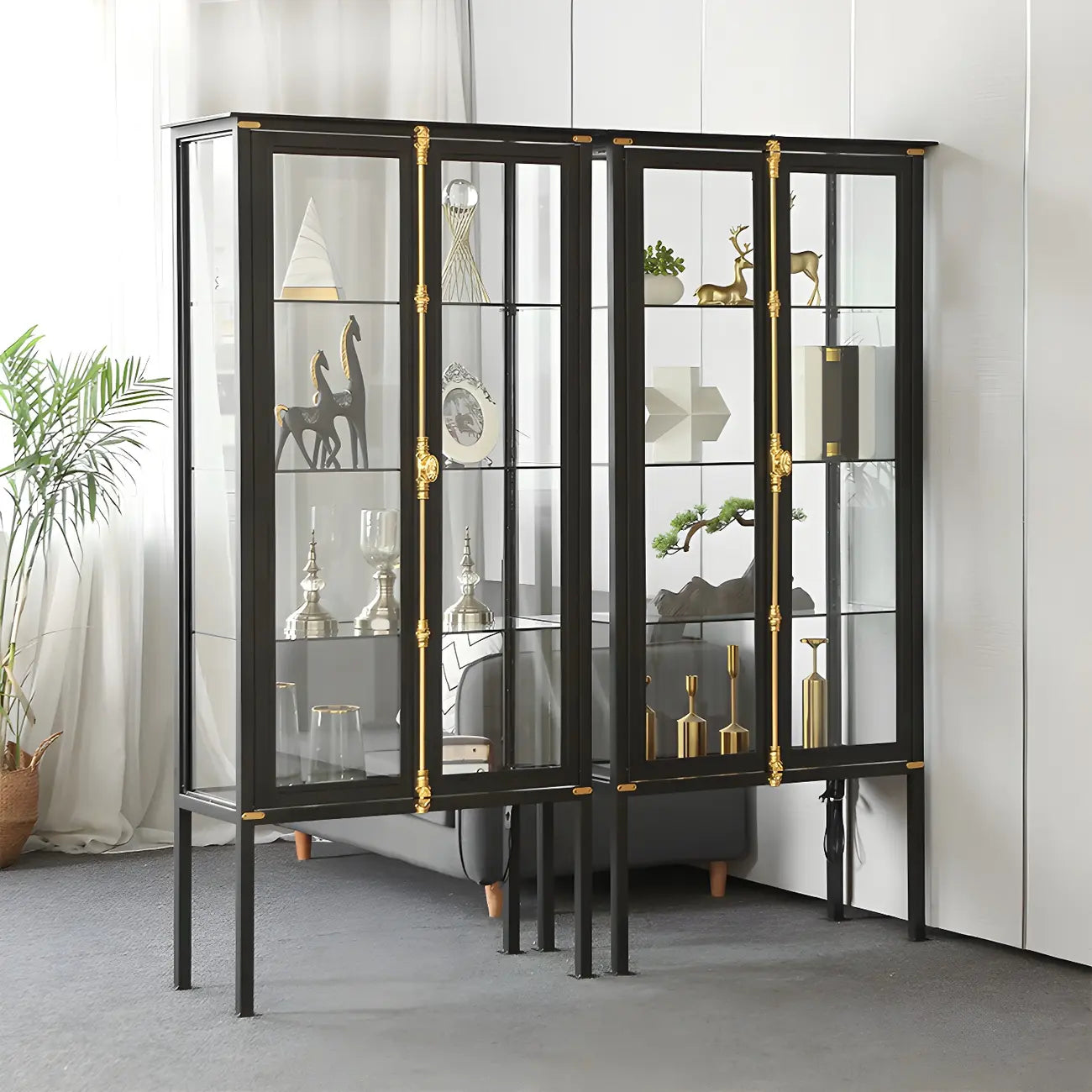 Black Metal Glass Shelves Display Cabinet with Lights