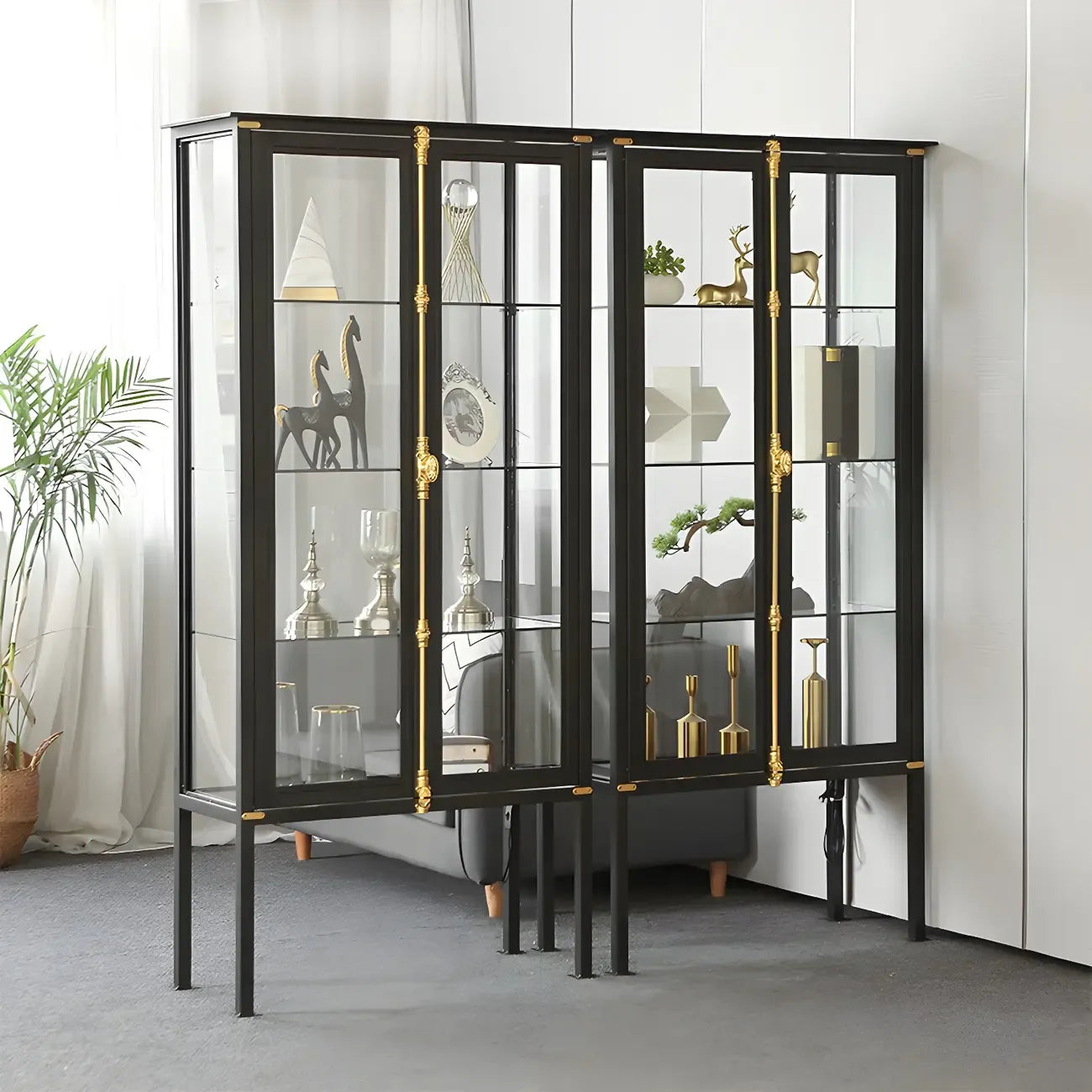 Black Metal Glass Shelves Display Cabinet with Lights