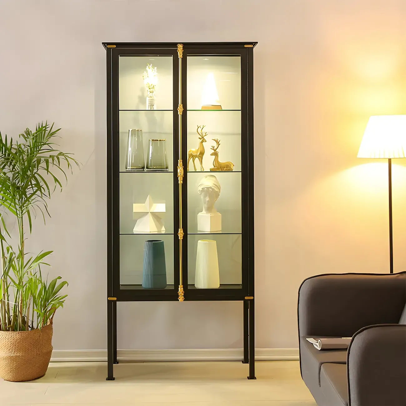 Black Metal Glass Shelves Display Cabinet with Lights