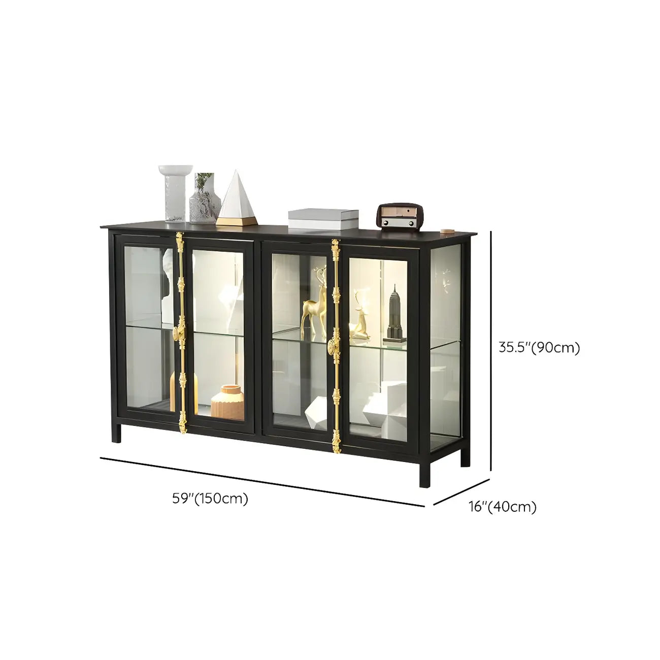 Black Metal Glass Shelves Display Cabinet with Lights