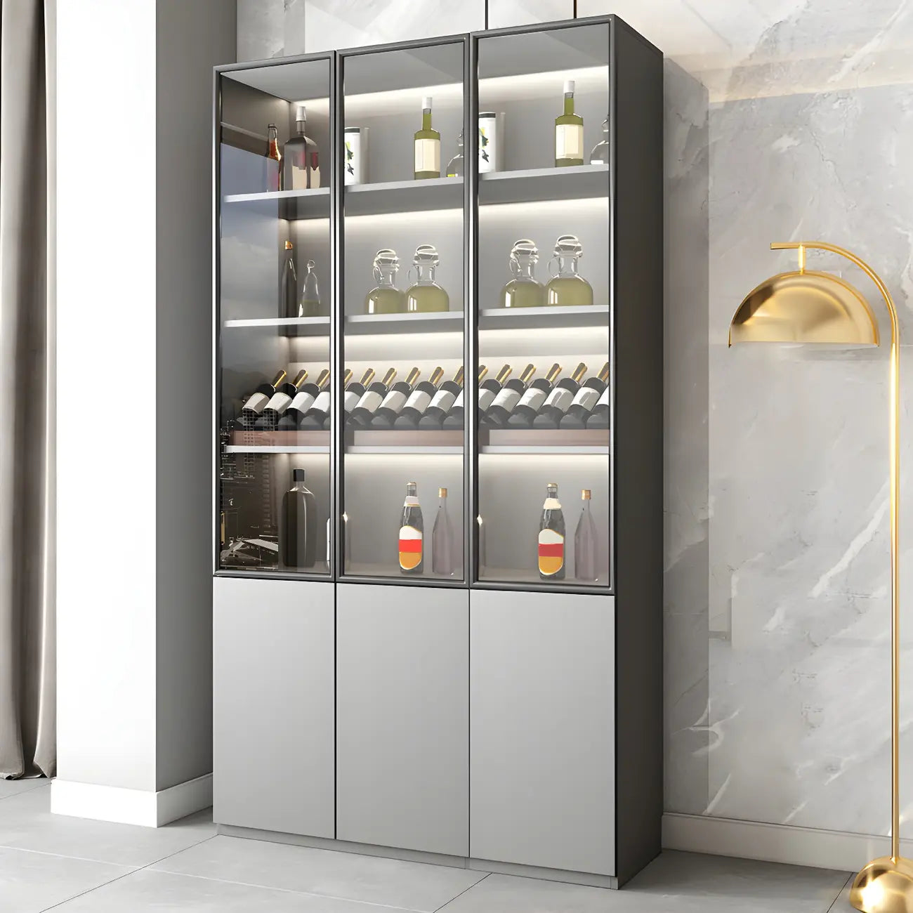 Grey Wooden Glass Doors Display Cabinet with Drawers