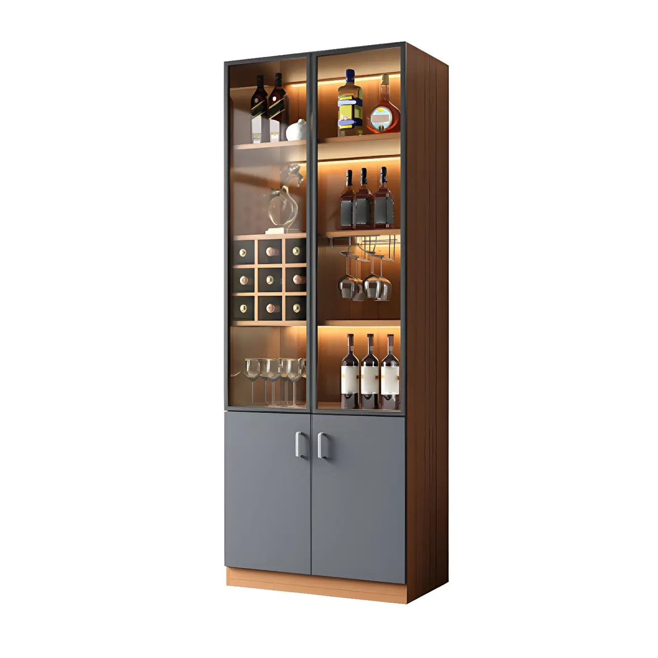 Grey Wooden Glass Doors Display Cabinet with Drawers