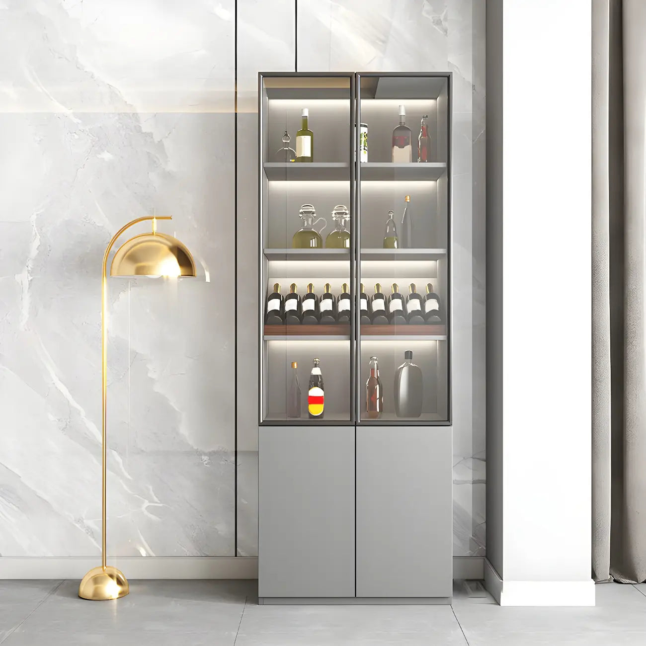 Grey Wooden Glass Doors Display Cabinet with Drawers