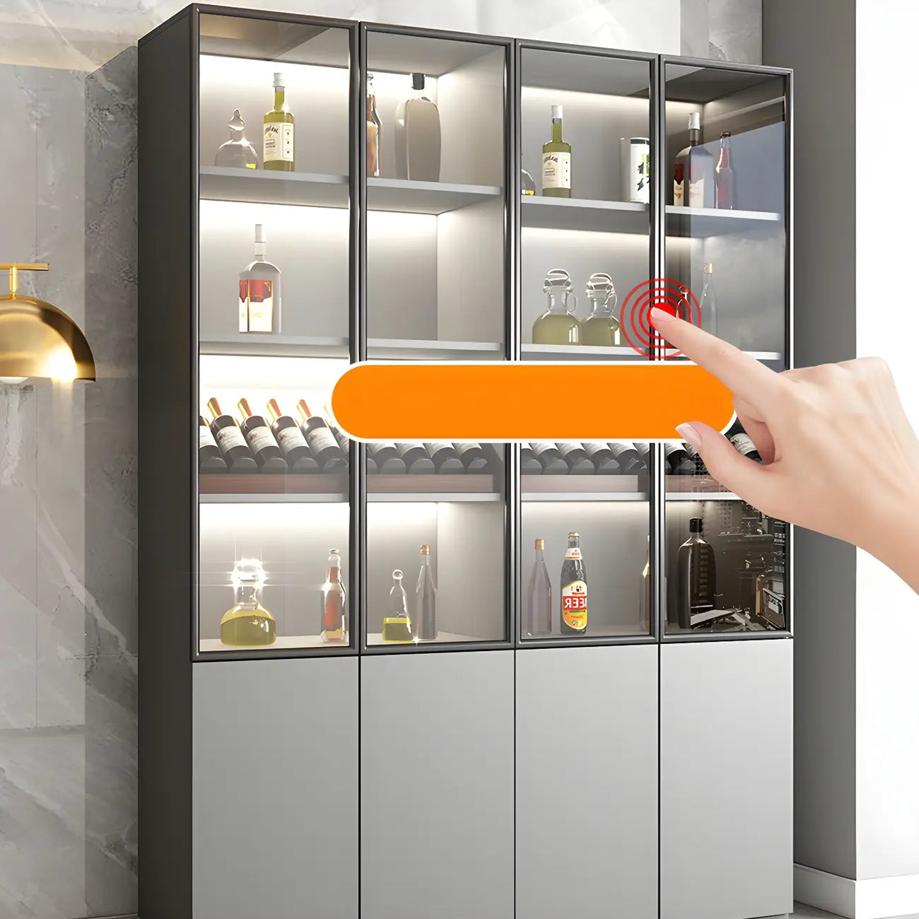 Grey Wooden Glass Doors Display Cabinet with Drawers