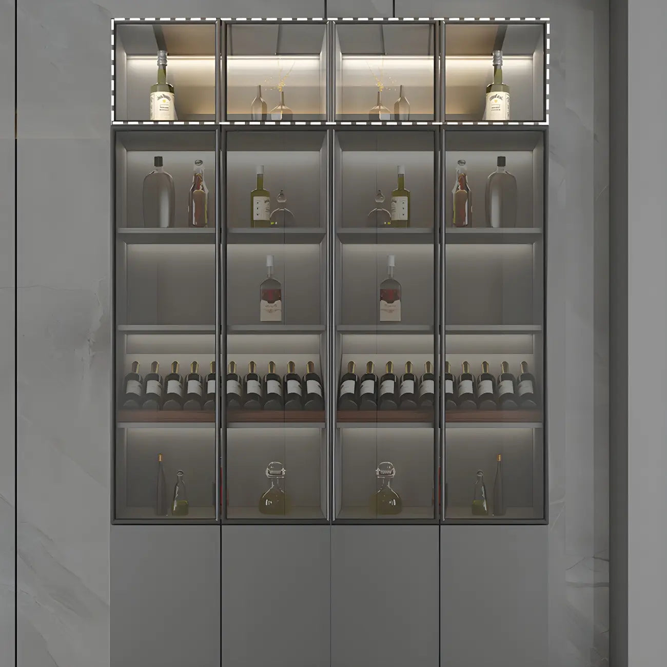 Grey Wooden Glass Doors Display Cabinet with Drawers
