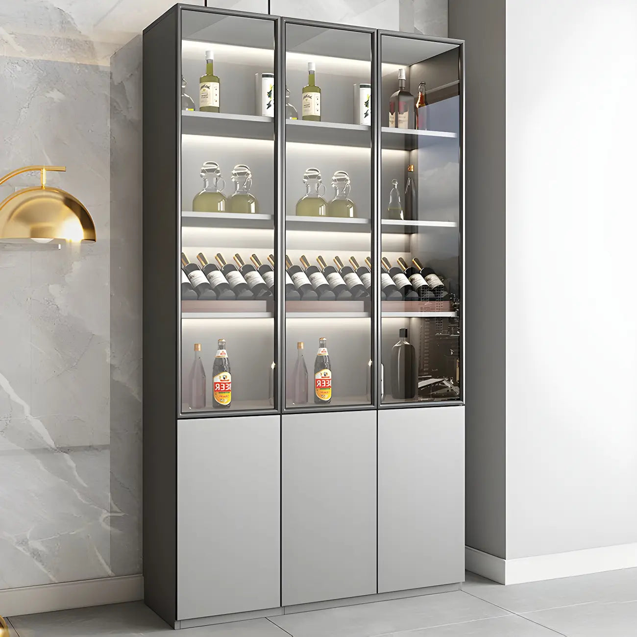 Grey Wooden Glass Doors Display Cabinet with Drawers