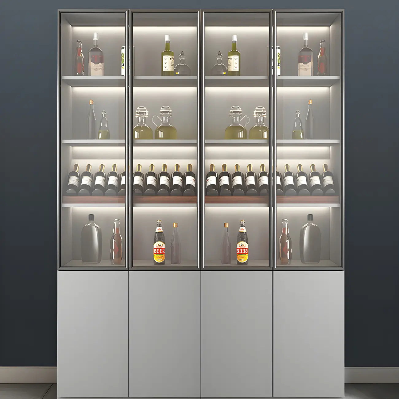 Grey Wooden Glass Doors Display Cabinet with Drawers