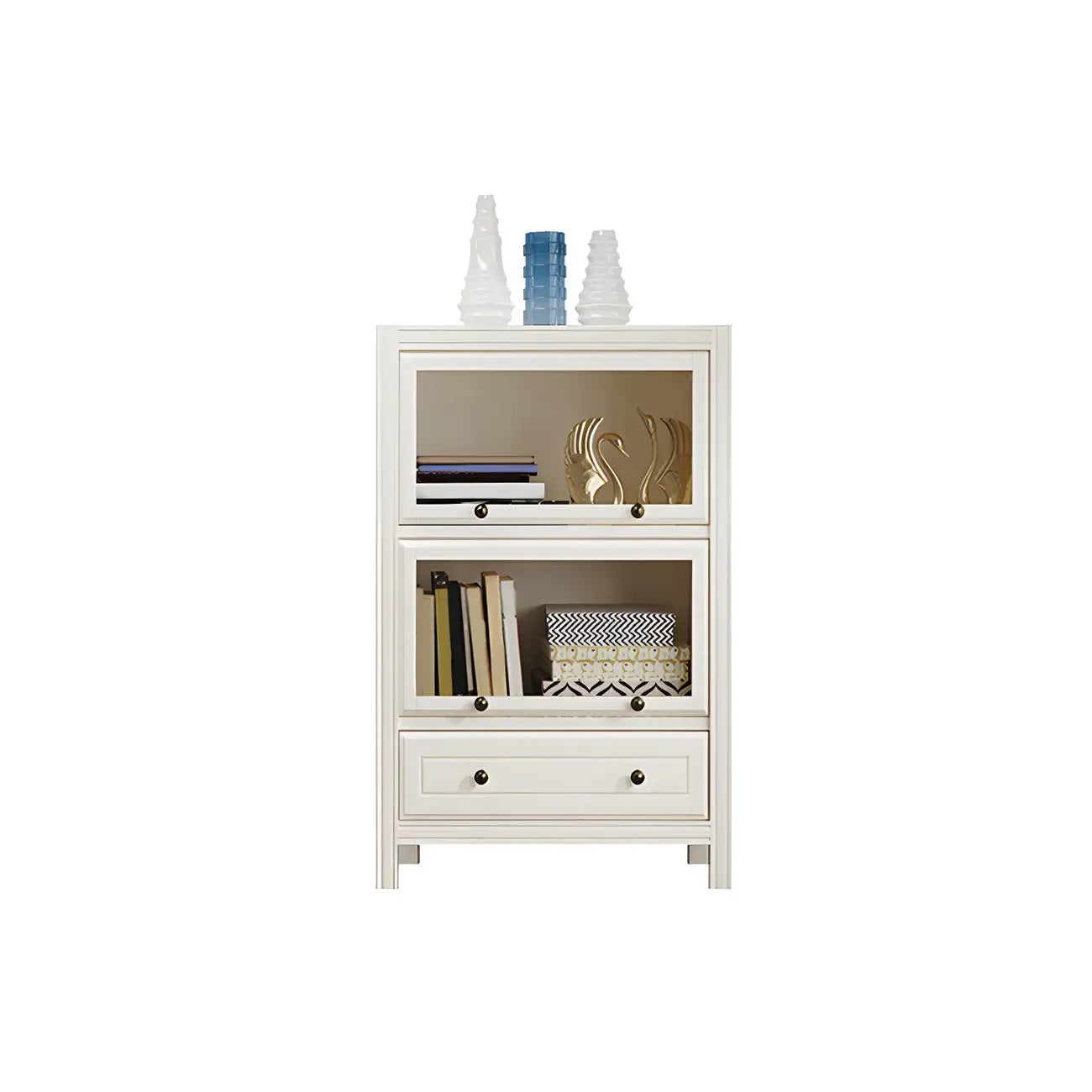 Modish White Wooden Bookcase with Glass Doors
