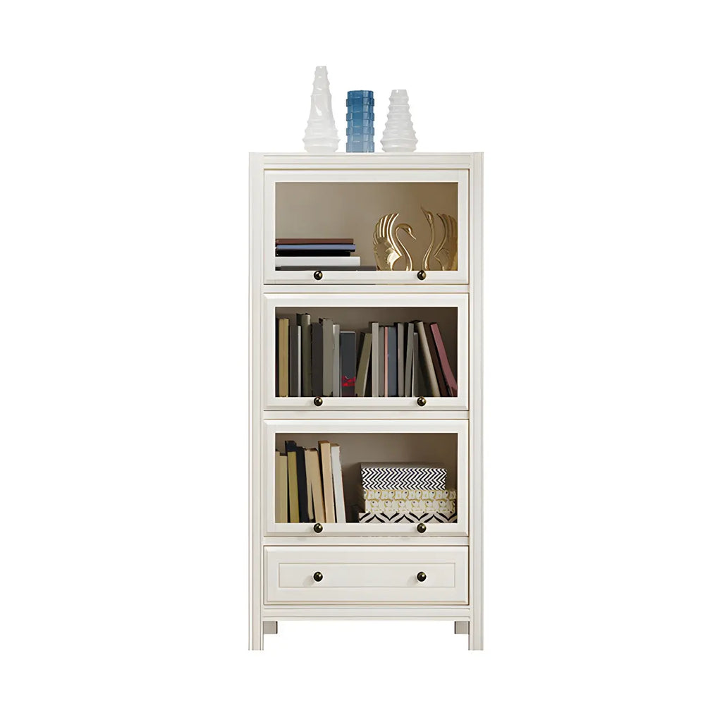 Modish White Wooden Bookcase with Glass Doors