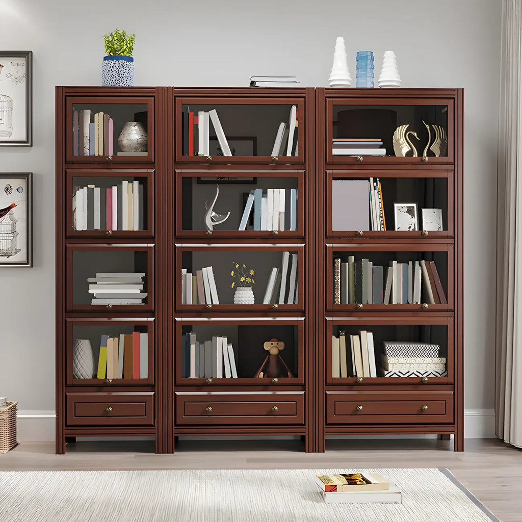 Modish White Wooden Bookcase with Glass Doors