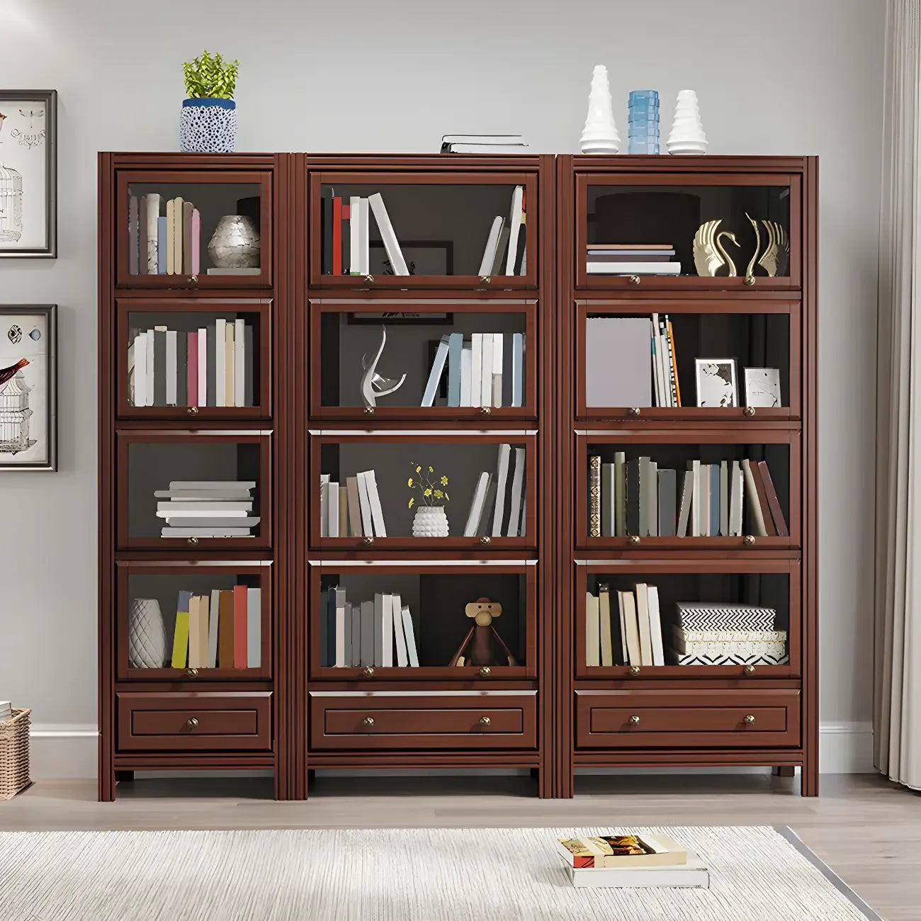 Modish White Wooden Bookcase with Glass Doors