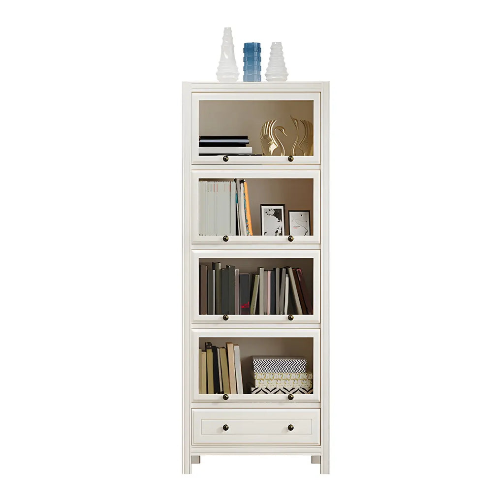 Modish White Wooden Bookcase with Glass Doors