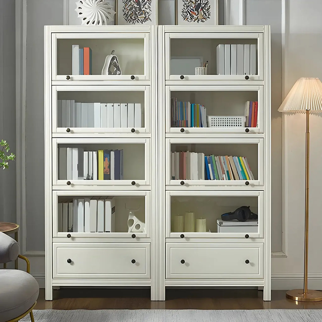 Modish White Wooden Bookcase with Glass Doors