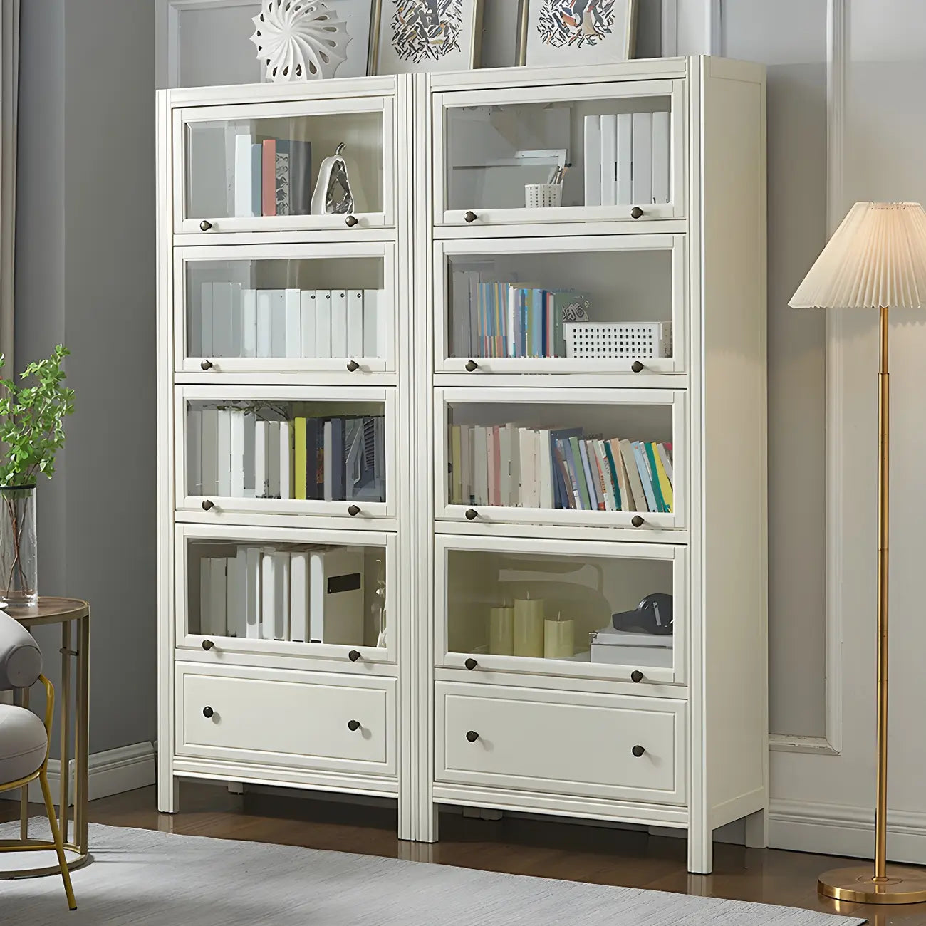 Modish White Wooden Bookcase with Glass Doors