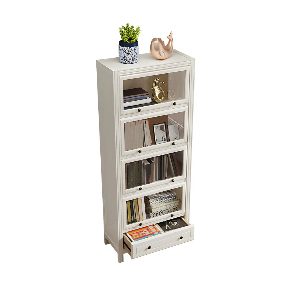 Modish White Wooden Bookcase with Glass Doors