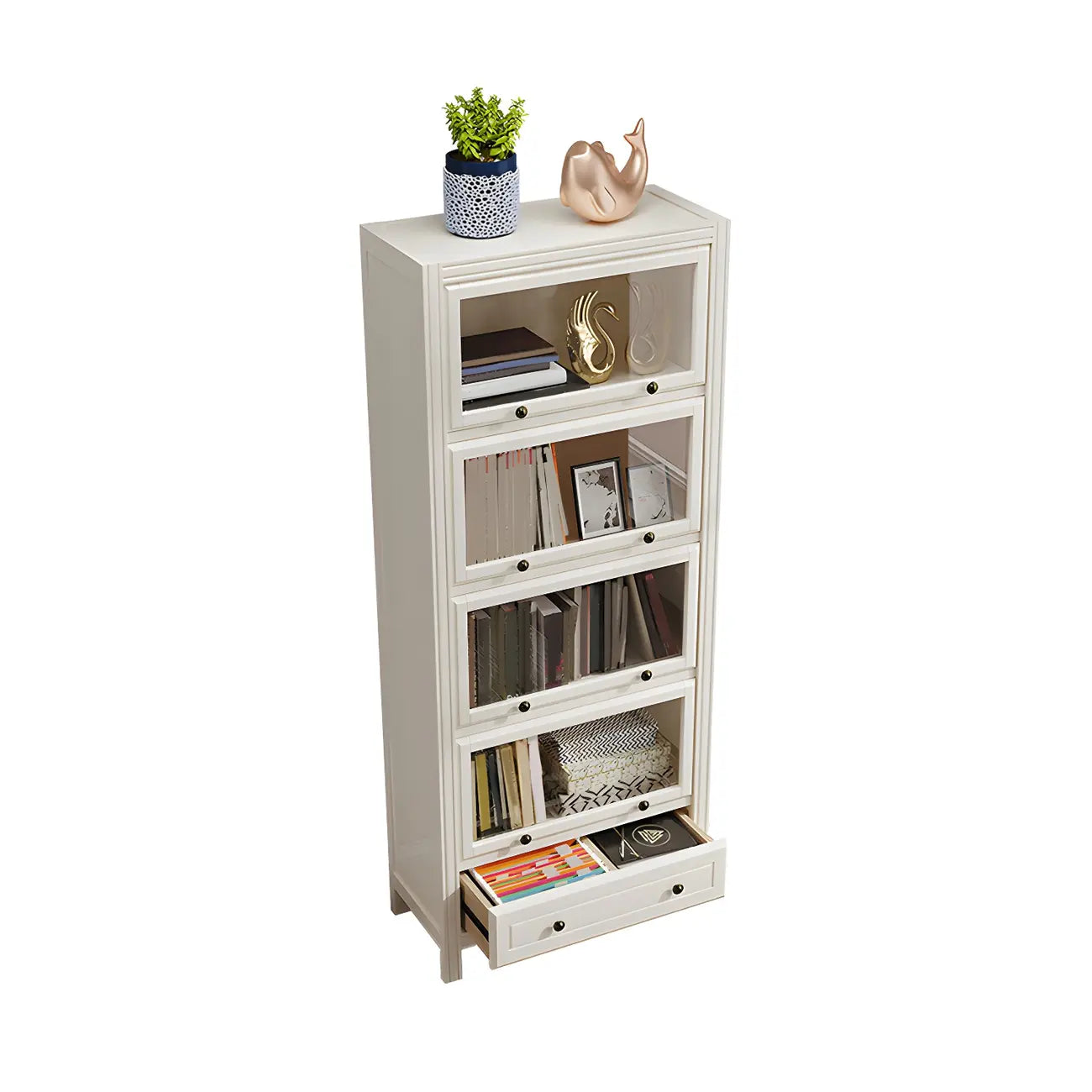 Modish White Wooden Bookcase with Glass Doors
