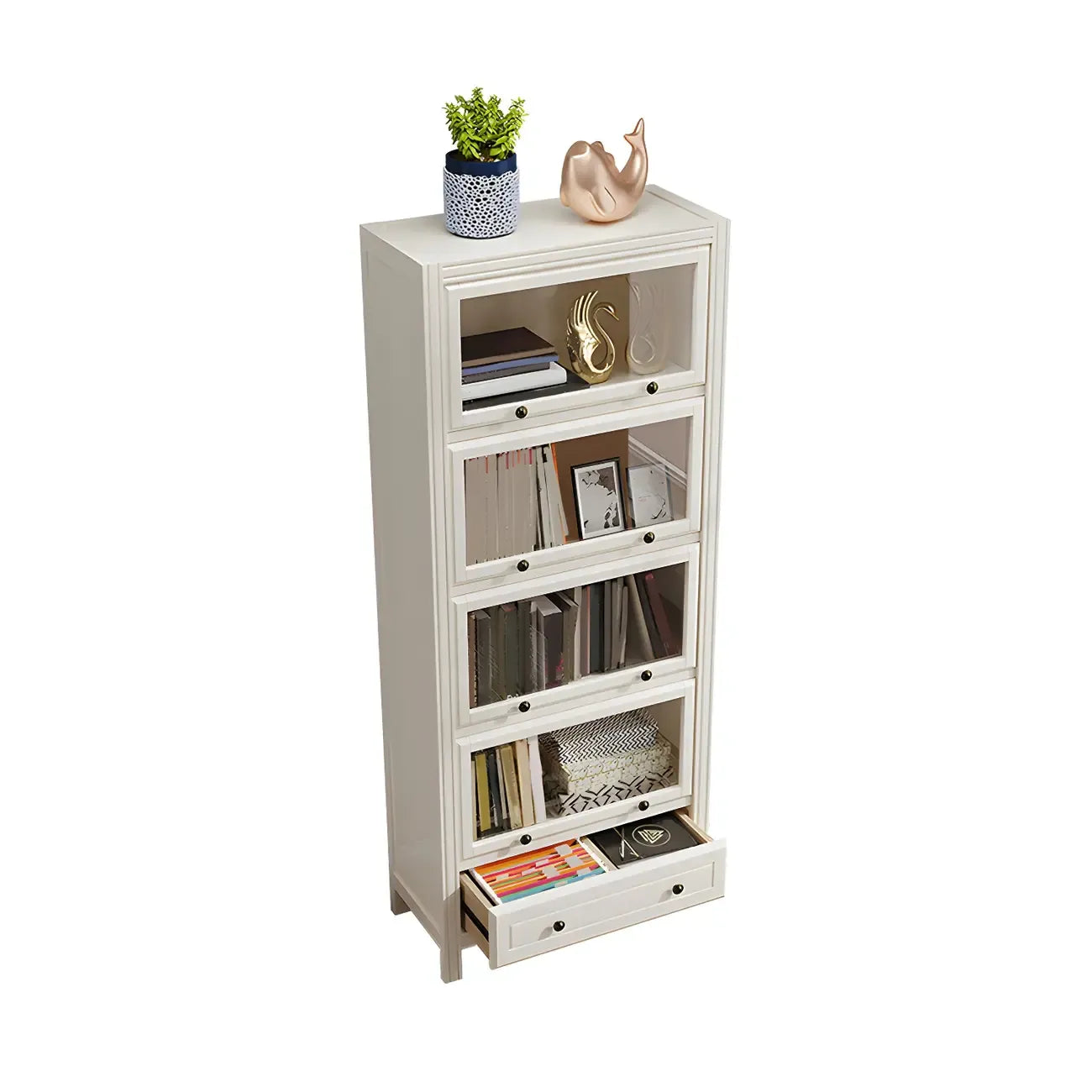 Modish White Wooden Bookcase with Glass Doors