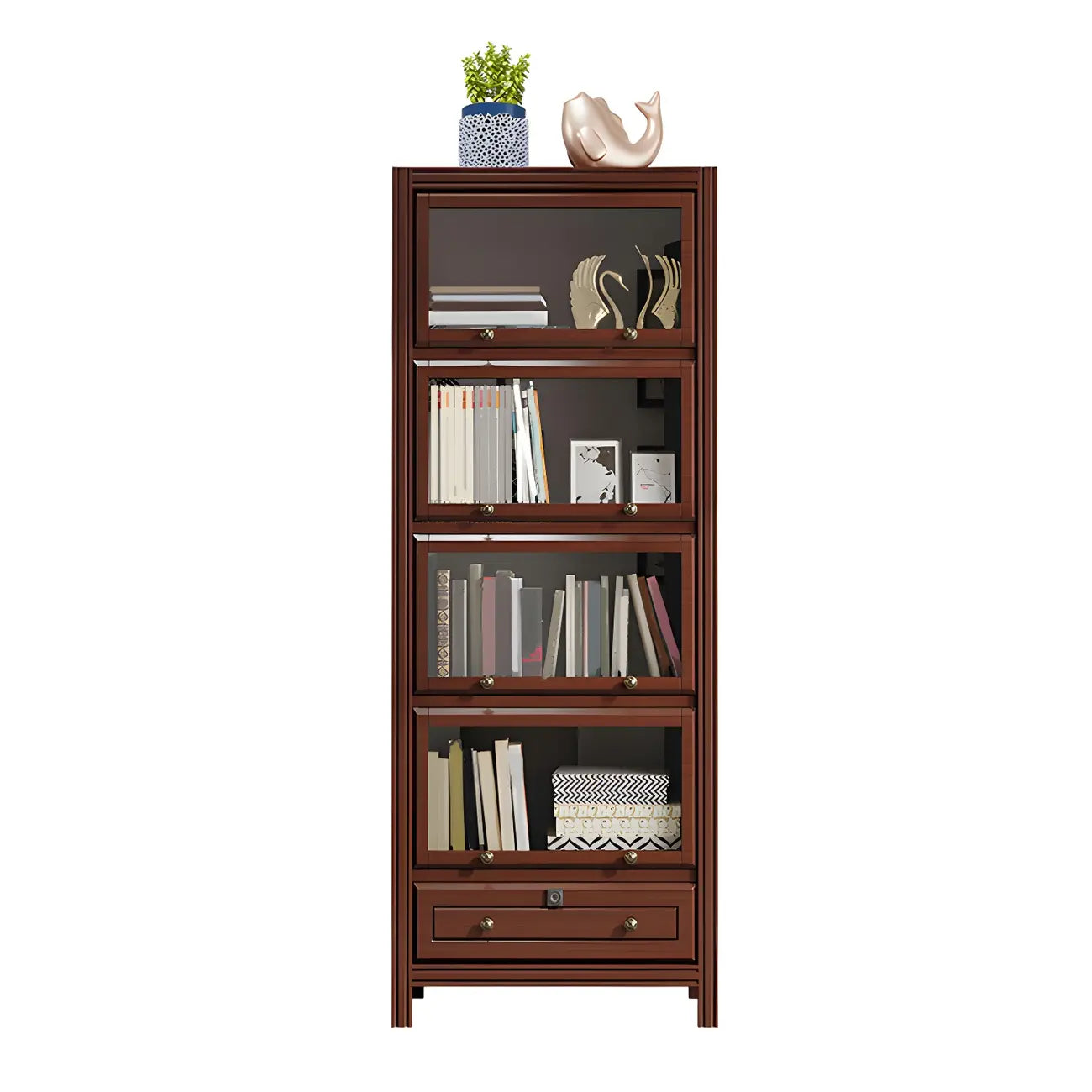 Modish White Wooden Bookcase with Glass Doors
