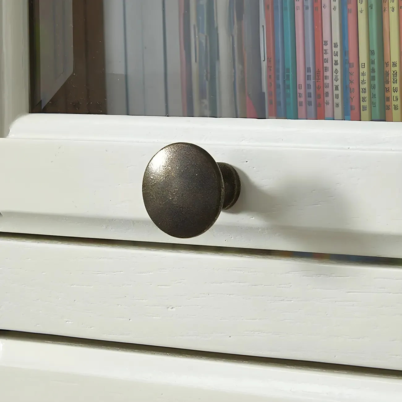 Modish White Wooden Bookcase with Glass Doors