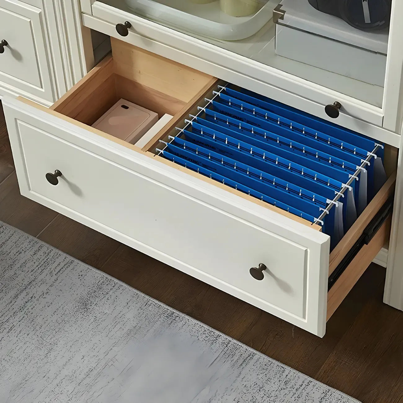 Modish White Wooden Bookcase with Glass Doors