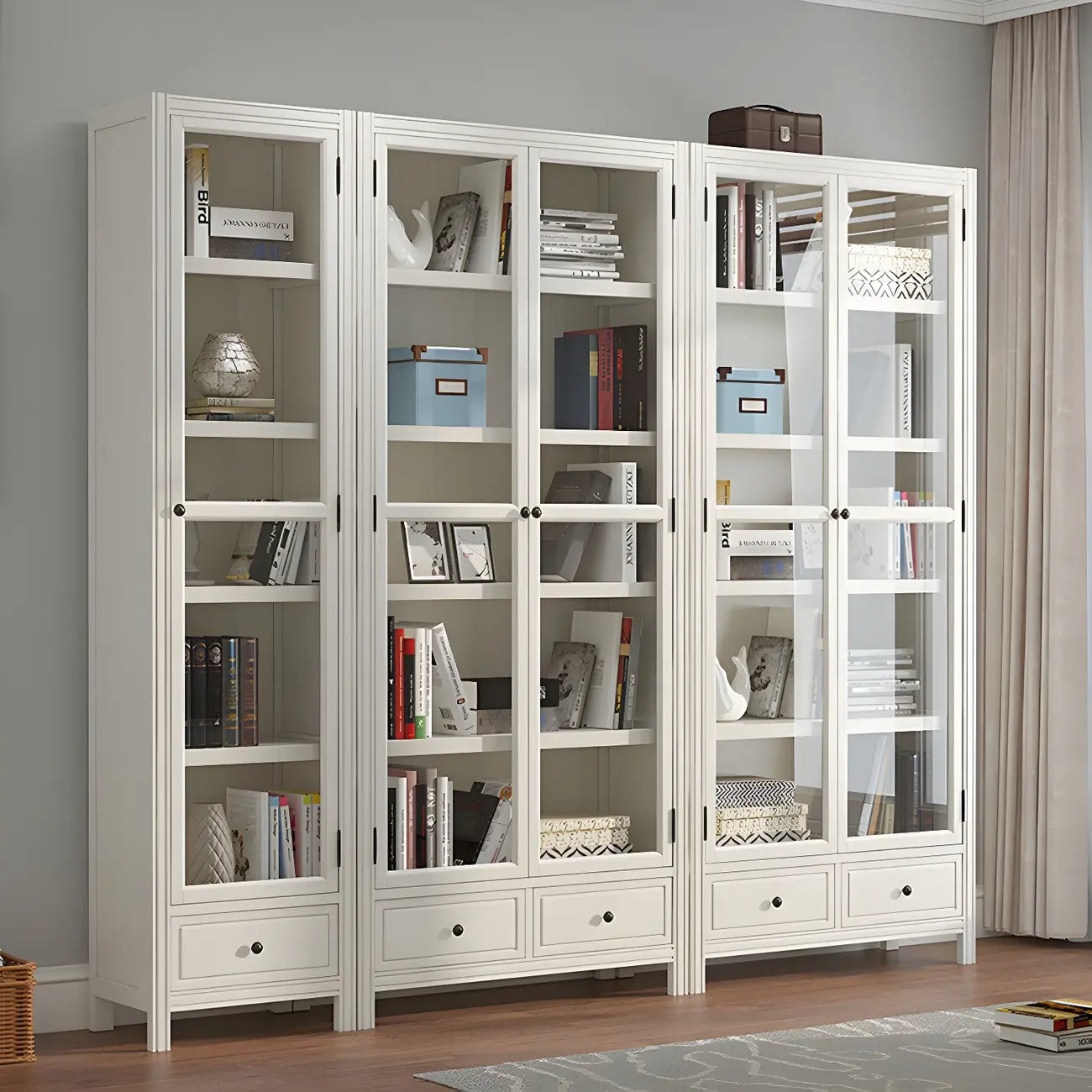 Modish White Wooden Bookcase with Glass Doors