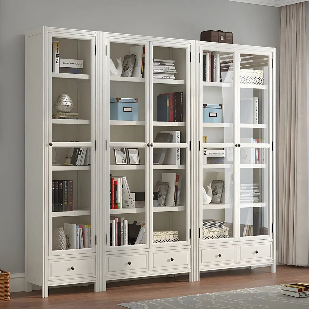Modish White Wooden Bookcase with Glass Doors